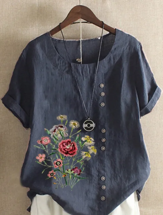 Best Women's Cotton Linen Shirts Floral Graphic Elegant Daily Basic Short Sleeve Crew Neck Regular Tops Daily Holiday Vacation Wear Buttons Grass Green White Yellow Army Green Navy Blue Summer Women Shirts