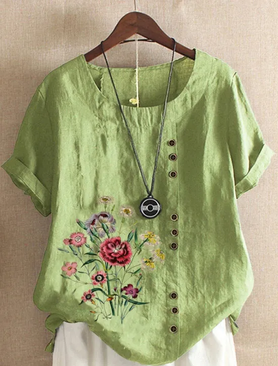 Best Women's Cotton Linen Shirts Floral Graphic Elegant Daily Basic Short Sleeve Crew Neck Regular Tops Daily Holiday Vacation Wear Buttons Grass Green White Yellow Army Green Navy Blue Summer Women Shirts
