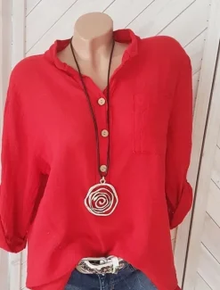 Best Women's Cotton Linen Shirts Solid Color Elegant Daily Basic Long Sleeve Crew Neck Long Tops Daily Holiday Going out Buttons White Pink Red Blue khaki Summer Fall Women Shirts