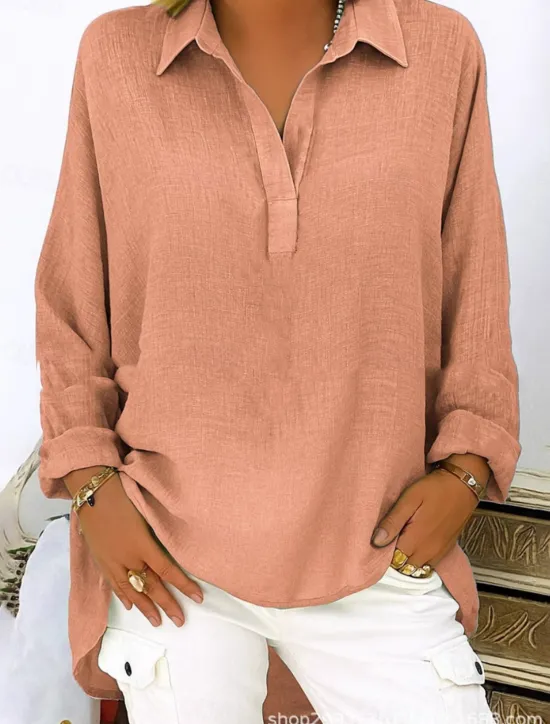 Hot Women's Cotton Linen Shirts Solid Color Basic Casual Long Sleeve V Neck Regular Tops Daily Pink Blue Green Gray Summer Spring Fall Women Shirts