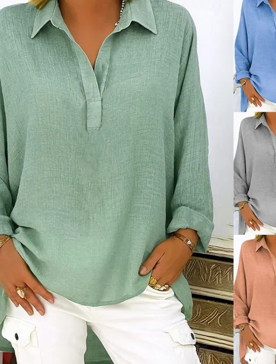 Hot Women's Cotton Linen Shirts Solid Color Basic Casual Long Sleeve V Neck Regular Tops Daily Pink Blue Green Gray Summer Spring Fall Women Shirts