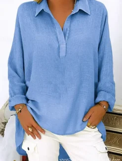 Hot Women's Cotton Linen Shirts Solid Color Basic Casual Long Sleeve V Neck Regular Tops Daily Pink Blue Green Gray Summer Spring Fall Women Shirts