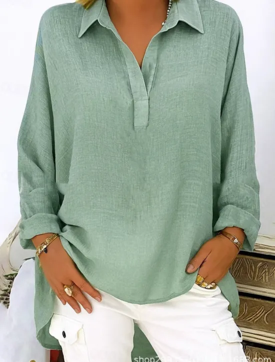 Hot Women's Cotton Linen Shirts Solid Color Basic Casual Long Sleeve V Neck Regular Tops Daily Pink Blue Green Gray Summer Spring Fall Women Shirts