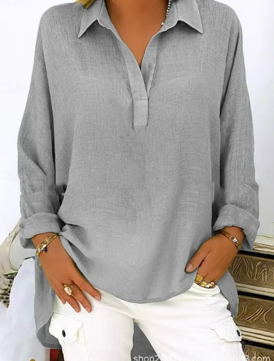 Hot Women's Cotton Linen Shirts Solid Color Basic Casual Long Sleeve V Neck Regular Tops Daily Pink Blue Green Gray Summer Spring Fall Women Shirts