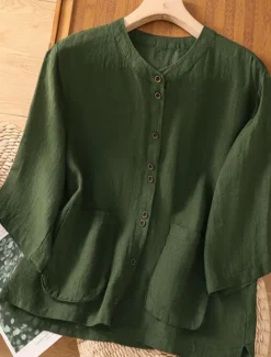 Best Women's Cotton Linen Shirts Solid Color Basic Casual 3/4 Length Sleeve Crew Neck Regular Tops Daily Pocket Buttons White Wine Green Khaki Summer Spring Fall Women Shirts