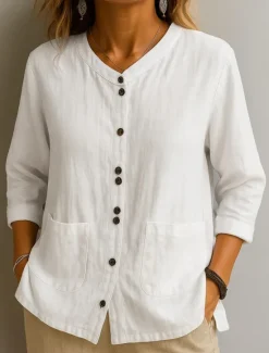 Best Women's Cotton Linen Shirts Solid Color Basic Casual 3/4 Length Sleeve Crew Neck Regular Tops Daily Pocket Buttons White Wine Green Khaki Summer Spring Fall Women Shirts
