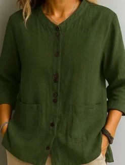 Best Women's Cotton Linen Shirts Solid Color Basic Casual 3/4 Length Sleeve Crew Neck Regular Tops Daily Pocket Buttons White Wine Green Khaki Summer Spring Fall Women Shirts