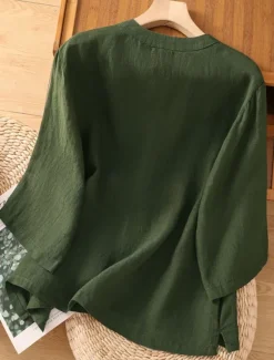 Best Women's Cotton Linen Shirts Solid Color Basic Casual 3/4 Length Sleeve Crew Neck Regular Tops Daily Pocket Buttons White Wine Green Khaki Summer Spring Fall Women Shirts