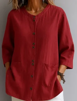 Best Women's Cotton Linen Shirts Solid Color Basic Casual 3/4 Length Sleeve Crew Neck Regular Tops Daily Pocket Buttons White Wine Green Khaki Summer Spring Fall Women Shirts