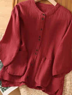 Best Women's Cotton Linen Shirts Solid Color Basic Casual 3/4 Length Sleeve Crew Neck Regular Tops Daily Pocket Buttons White Wine Green Khaki Summer Spring Fall Women Shirts