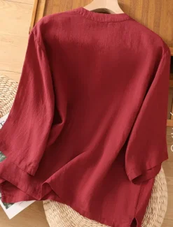 Best Women's Cotton Linen Shirts Solid Color Basic Casual 3/4 Length Sleeve Crew Neck Regular Tops Daily Pocket Buttons White Wine Green Khaki Summer Spring Fall Women Shirts