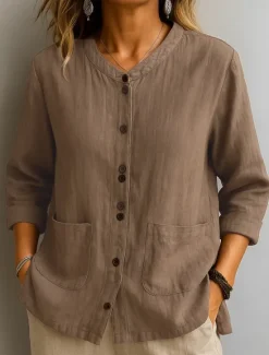 Best Women's Cotton Linen Shirts Solid Color Basic Casual 3/4 Length Sleeve Crew Neck Regular Tops Daily Pocket Buttons White Wine Green Khaki Summer Spring Fall Women Shirts