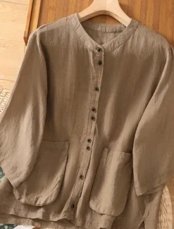 Best Women's Cotton Linen Shirts Solid Color Basic Casual 3/4 Length Sleeve Crew Neck Regular Tops Daily Pocket Buttons White Wine Green Khaki Summer Spring Fall Women Shirts