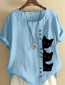 Best Women's Cotton Linen Shirts Animal Cat Elegant Daily Stylish Short Sleeve Crew Neck Regular Tops Daily Holiday Vacation Wear Buttons White Yellow Navy Blue Blue Purple Summer Spring Women Shirts