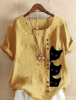 Best Women's Cotton Linen Shirts Animal Cat Elegant Daily Stylish Short Sleeve Crew Neck Regular Tops Daily Holiday Vacation Wear Buttons White Yellow Navy Blue Blue Purple Summer Spring Women Shirts