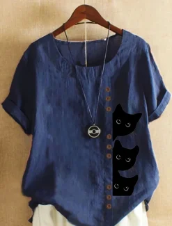 Best Women's Cotton Linen Shirts Animal Cat Elegant Daily Stylish Short Sleeve Crew Neck Regular Tops Daily Holiday Vacation Wear Buttons White Yellow Navy Blue Blue Purple Summer Spring Women Shirts