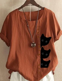 Best Women's Cotton Linen Shirts Animal Cat Elegant Daily Stylish Short Sleeve Crew Neck Regular Tops Daily Holiday Vacation Wear Buttons White Yellow Navy Blue Blue Purple Summer Spring Women Shirts