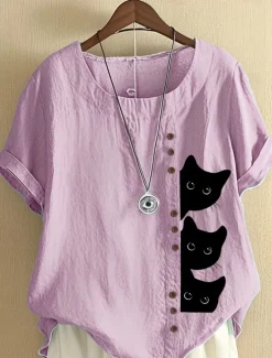 Best Women's Cotton Linen Shirts Animal Cat Elegant Daily Stylish Short Sleeve Crew Neck Regular Tops Daily Holiday Vacation Wear Buttons White Yellow Navy Blue Blue Purple Summer Spring Women Shirts