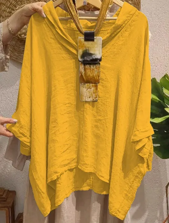 Outlet Women's Cotton Linen Shirts Solid Color Basic Casual 3/4 Length Sleeve V Neck Long Tops Daily Black White Yellow Army Green Navy Blue Summer Spring Women Shirts