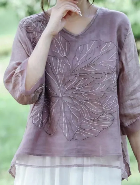 New Women's Cotton Linen Shirts Solid Color Basic Casual 3/4 Length Sleeve V Neck Regular Tops Daily Embroidered Navy Blue Blue Purple Orange Apricot Summer Women Shirts