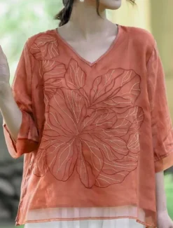 New Women's Cotton Linen Shirts Solid Color Basic Casual 3/4 Length Sleeve V Neck Regular Tops Daily Embroidered Navy Blue Blue Purple Orange Apricot Summer Women Shirts