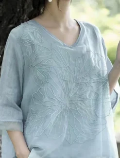 New Women's Cotton Linen Shirts Solid Color Basic Casual 3/4 Length Sleeve V Neck Regular Tops Daily Embroidered Navy Blue Blue Purple Orange Apricot Summer Women Shirts