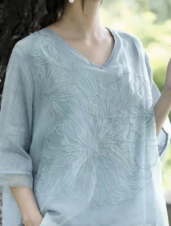 New Women's Cotton Linen Shirts Solid Color Basic Casual 3/4 Length Sleeve V Neck Regular Tops Daily Embroidered Navy Blue Blue Purple Orange Apricot Summer Women Shirts