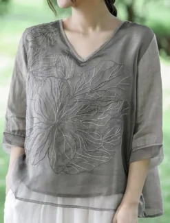 New Women's Cotton Linen Shirts Solid Color Basic Casual 3/4 Length Sleeve V Neck Regular Tops Daily Embroidered Navy Blue Blue Purple Orange Apricot Summer Women Shirts