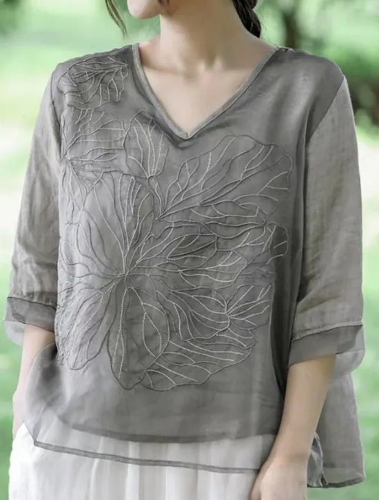 New Women's Cotton Linen Shirts Solid Color Basic Casual 3/4 Length Sleeve V Neck Regular Tops Daily Embroidered Navy Blue Blue Purple Orange Apricot Summer Women Shirts