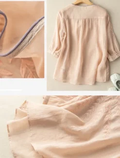 New Women's Cotton Linen Shirts Floral Basic Casual 3/4 Length Sleeve Crew Neck Regular Tops Daily Embroidered Black Yellow Pink Blue Summer Women Shirts
