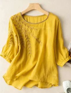 New Women's Cotton Linen Shirts Floral Basic Casual 3/4 Length Sleeve Crew Neck Regular Tops Daily Embroidered Black Yellow Pink Blue Summer Women Shirts
