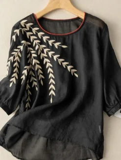 New Women's Cotton Linen Shirts Floral Basic Casual 3/4 Length Sleeve Crew Neck Regular Tops Daily Embroidered Black Yellow Pink Blue Summer Women Shirts