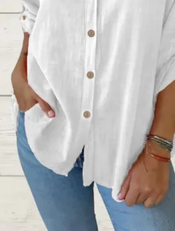 Sale Women's Cotton Linen Shirt Solid Color Elegant Casual Long Sleeve V Neck Regular Tops Daily Holiday Buttons Black White Red Summer Spring Women Shirts