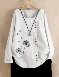 Clearance Women's Cotton Linen Shirts Floral Basic Casual Long Sleeve Crew Neck Regular Tops Daily Buttons Print White Navy Blue Summer Fall Women Shirts
