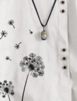 Clearance Women's Cotton Linen Shirts Floral Basic Casual Long Sleeve Crew Neck Regular Tops Daily Buttons Print White Navy Blue Summer Fall Women Shirts