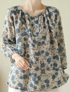 Women's Cotton Linen Shirts Floral Basic Casual 3/4 Length Sleeve Crew Neck Regular Tops Daily Print Summer Women Shirts