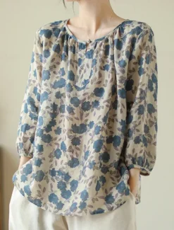 Women's Cotton Linen Shirts Floral Basic Casual 3/4 Length Sleeve Crew Neck Regular Tops Daily Print Summer Women Shirts
