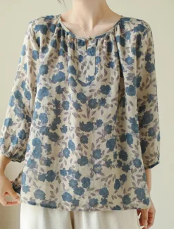 Women's Cotton Linen Shirts Floral Basic Casual 3/4 Length Sleeve Crew Neck Regular Tops Daily Print Summer Women Shirts