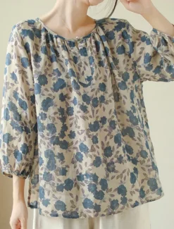 Women's Cotton Linen Shirts Floral Basic Casual 3/4 Length Sleeve Crew Neck Regular Tops Daily Print Summer Women Shirts