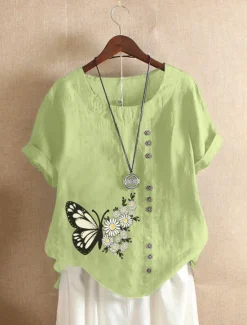 Women's Cotton Linen Shirts Animal Butterfly Elegant Vintage Tropical Short Sleeve Crew Neck Regular Tops Daily Holiday Vacation Wear Buttons White Army Green Navy Blue Blue Brown Summer Spring Women Shirts