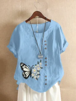 Women's Cotton Linen Shirts Animal Butterfly Elegant Vintage Tropical Short Sleeve Crew Neck Regular Tops Daily Holiday Vacation Wear Buttons White Army Green Navy Blue Blue Brown Summer Spring Women Shirts