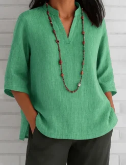 Hot Women's Cotton Linen Shirts Solid Color Basic Casual 3/4 Length Sleeve V Neck Regular Tops Daily Red Blue Green Khaki Summer Spring Women Shirts