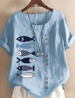 Clearance Women's Cotton Linen Shirts Animal Elegant Daily Basic Short Sleeve Crew Neck Regular Tops Daily Holiday Vacation Wear Buttons White Blue Purple Brown Summer Spring Women Shirts