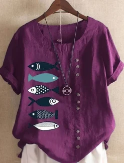 Clearance Women's Cotton Linen Shirts Animal Elegant Daily Basic Short Sleeve Crew Neck Regular Tops Daily Holiday Vacation Wear Buttons White Blue Purple Brown Summer Spring Women Shirts