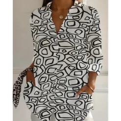 Discount Women's Cotton Linen Shirts Geometric Daily Casual 3/4 Length Sleeve Shirt Collar Regular Tops Daily Holiday Buttons Print Black White Brown Green Summer Women Shirts
