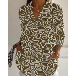 Discount Women's Cotton Linen Shirts Geometric Daily Casual 3/4 Length Sleeve Shirt Collar Regular Tops Daily Holiday Buttons Print Black White Brown Green Summer Women Shirts