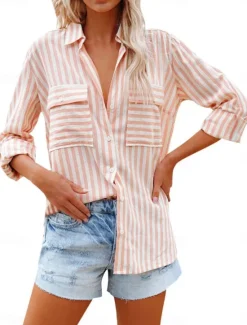 Clearance Women's Cotton Linen Shirts Striped Stylish Casual Long Sleeve Shirt Button Down Blouse Collar Regular Tops Daily Pocket Buttons Print Yellow Pink Blue Green Summer Spring Fall Women Shirts