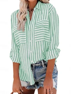 Clearance Women's Cotton Linen Shirts Striped Stylish Casual Long Sleeve Shirt Button Down Blouse Collar Regular Tops Daily Pocket Buttons Print Yellow Pink Blue Green Summer Spring Fall Women Shirts