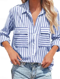 Clearance Women's Cotton Linen Shirts Striped Stylish Casual Long Sleeve Shirt Button Down Blouse Collar Regular Tops Daily Pocket Buttons Print Yellow Pink Blue Green Summer Spring Fall Women Shirts