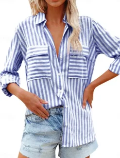 Clearance Women's Cotton Linen Shirts Striped Stylish Casual Long Sleeve Shirt Button Down Blouse Collar Regular Tops Daily Pocket Buttons Print Yellow Pink Blue Green Summer Spring Fall Women Shirts